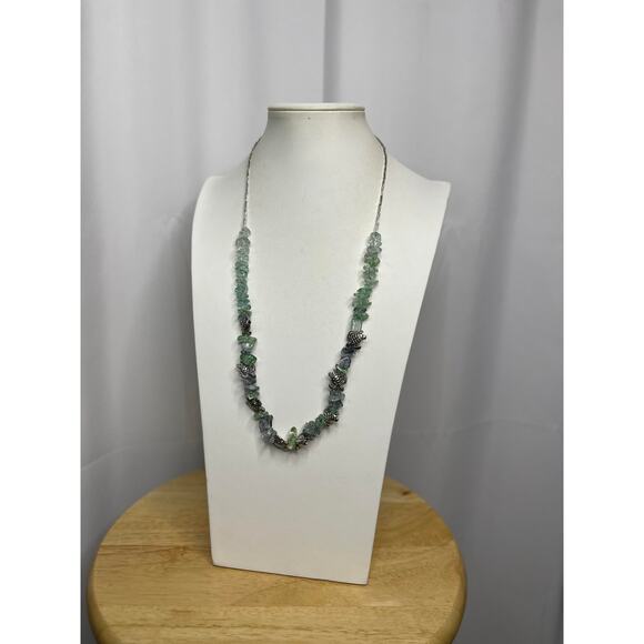 Necklace green teal seaglass look beads beading with silver tone TURTLE jewelry - Picture 4 of 14